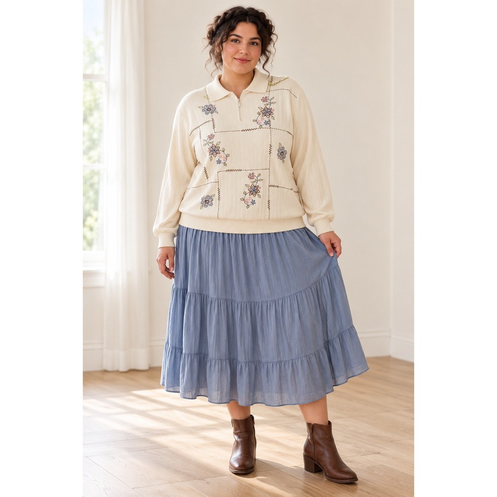 Boho Cottagecore Grandma Y2K Ivory Patchwork Embroidered Floral Zip Rib XL Top